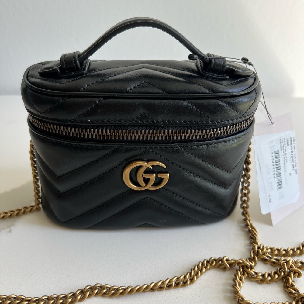 Gucci GG Marmot Top Handle Black Mini Bag with Gold Chain